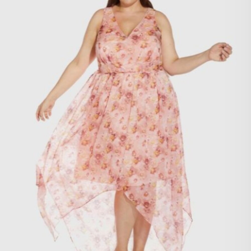 Adrianna Papell, High Low Chiffon Dress, Peachy Floral, Size 20W